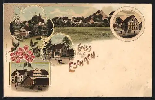 Lithographie Eschach / Württ., Gasthof z. Lamm, Post, Apotheke