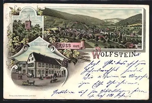 Lithographie Wolfstein / Pfalz, Gasthaus zum Königsberg, Altes Schloss, Ortsansicht