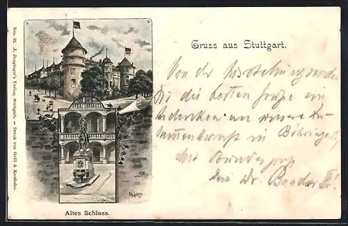 AK Stuttgart, Altes Schloss mit Denkmal