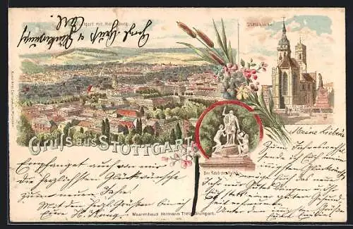 Lithographie Stuttgart, Stiftskirche und Denkmal der Raub des Hylas