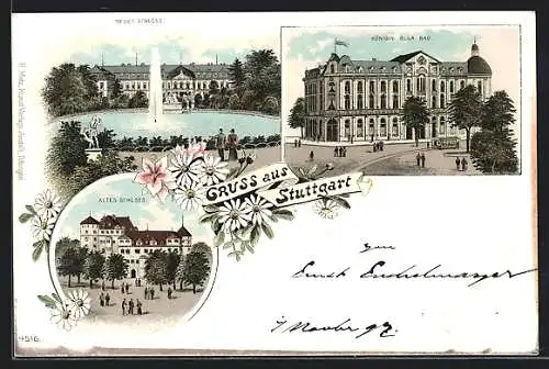 Lithographie Stuttgart, Neues Schloss, Altes Schloss und Königin Olga Bau