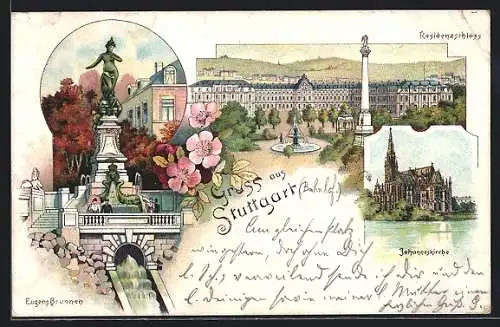 Lithographie Stuttgart, Der Eugensbrunnen, das Residenzschloss, die Johanneskirche