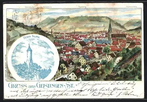 Lithographie Geislingen-St., Ortsansicht, Königliches Postamt