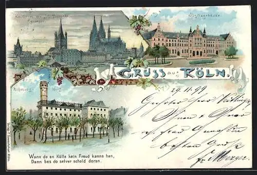 Lithographie Köln, Blick von der Schiffsbrücke und Richmodis-Haus