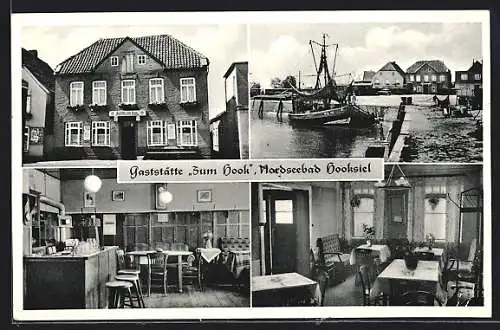 AK Hooksiel, Gaststätte Zum Hook mit Innenansichten, Segelschiff im Hafen
