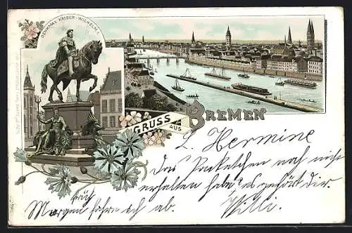Lithographie Bremen, Denkmal Kaiser-Wilhelm I. Reiterdenkmal, Blick auf Fluss und Brücken