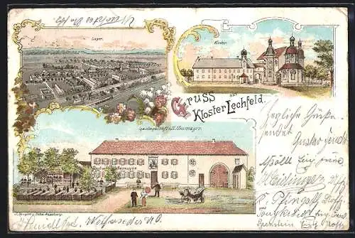 Lithographie Lechfeld, Kloster, Lager und Gasthof Neumayer