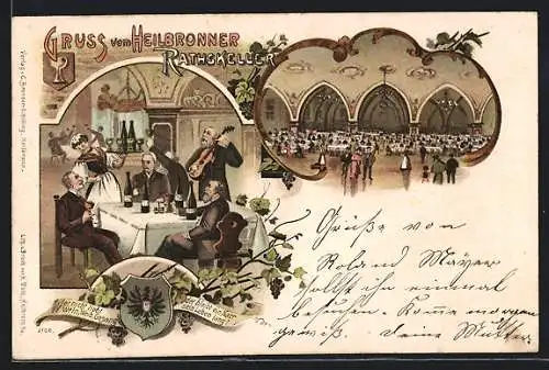 Lithographie Heilbronn, Gasthaus zum Rathskeller, Gäste beim Trinken und Musizieren