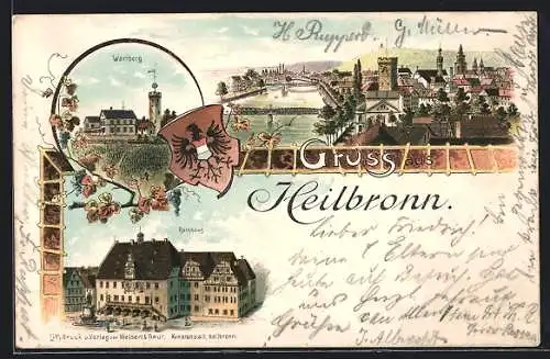 Lithographie Heilbronn, Wartberg, Rathaus, Ortsansicht