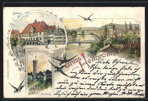 Lithographie Heilbronn, Teilansicht mit Brücke, Rathaus, Wartberg