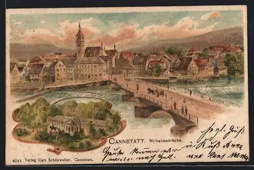 Lithographie Cannstatt, Wilhelmsbrücke, Kursaal