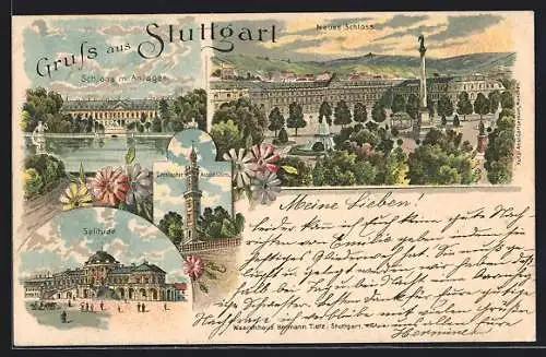 Lithographie Stuttgart, Neues Schloss, Schloss mit Anlagen, Solitude