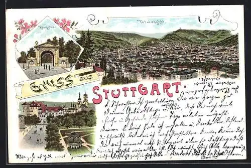 Lithographie Stuttgart, Königsthor und Stadtansicht