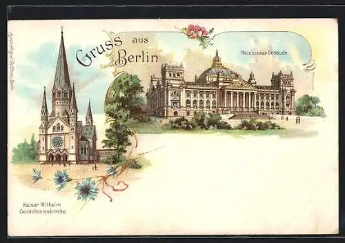 Lithographie Berlin-Tiergarten, Reichstagsgebäude und Kaiser Wilhelm-Gedächtniskirche