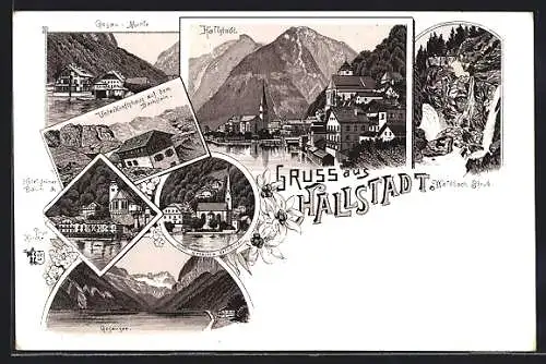 Lithographie Hallstatt, Hotel grüner Baum und Prot. Kirche, Hotel Seeauer und kath. Kirche