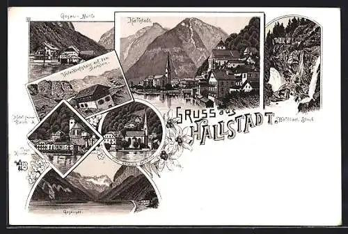 Lithographie Hallstatt, Hotel grüner Baum und Prot. Kirche, Hotel Seeauer und kath. Kirche