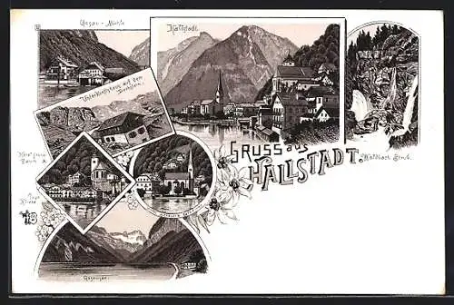 Lithographie Hallstatt, Hotel grüner Baum, Gosau-Mühle, Unterkunftshaus auf dem Dachstein, Prot. Kirche