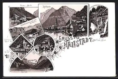 Lithographie Hallstatt, Hotel grüner Baum und Prot. Kirche, Hotel Seeauer und kath. Kirche