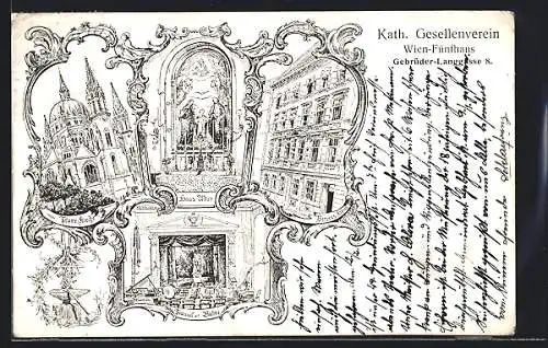 Lithographie Wien, Fünfhaus, Kath. Gesellenverein, Gebrüder-Langgasse 8, Pfarr-Kirche
