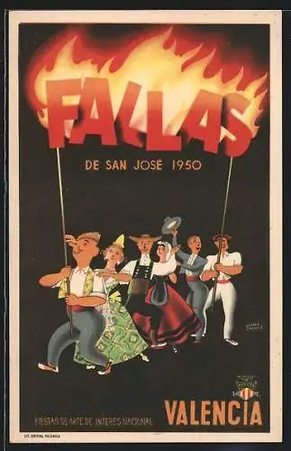 Künstler-AK Valencia, Fallas de San Jose 1950, Feiernde Menschen bei dem Volksfest