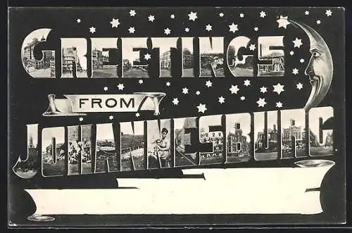 AK Johannesburg, Gebäudeansicht und Mutter m. Kind in den Buchstaben