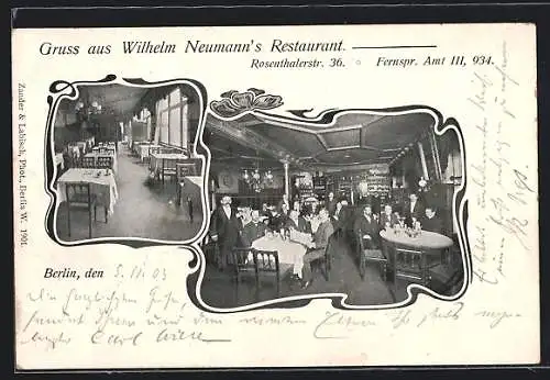 AK Berlin, Wilhelm Neumann`s Restaurant, Rosenthalerstrasse 36