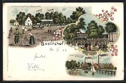 Lithographie Berlin-Wannsee, Restaurant Beelitzhof, Dampfer-Landestelle u. Wasserwerke