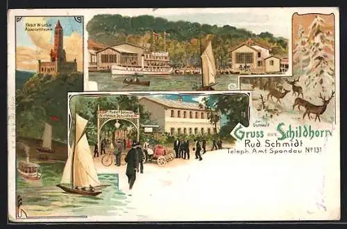 Lithographie Grunewald, Gasthaus Schildhorn, Eingang und Ansicht vom Wasser