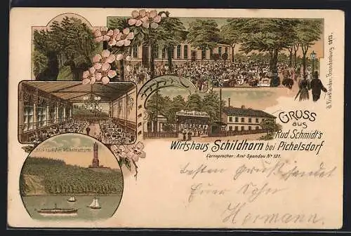 Lithographie Berlin-Grunewald, Wirtshaus Schildhorn, Inh. Rud. Schmidt, Aussen- und Innenansichten