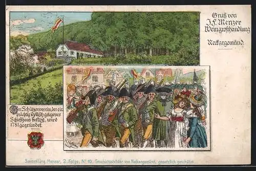Lithographie Neckargemünd, J.F. Menzer Weingrosshandlung, Parade des Schützenvereins