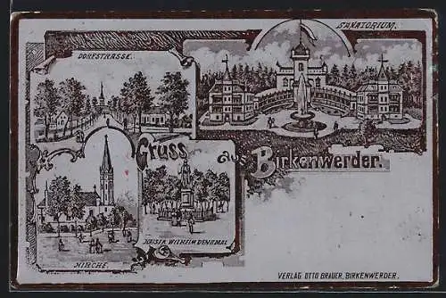 Metallfolie-AK Birkenwerder, Dorfstrasse, Sanatorium, Kaiser Wilhelm Denkmal
