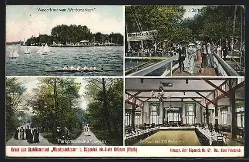 AK Berlin-Köpenick, Restaurant Wendenschloss, Dampferbrücke und Garten