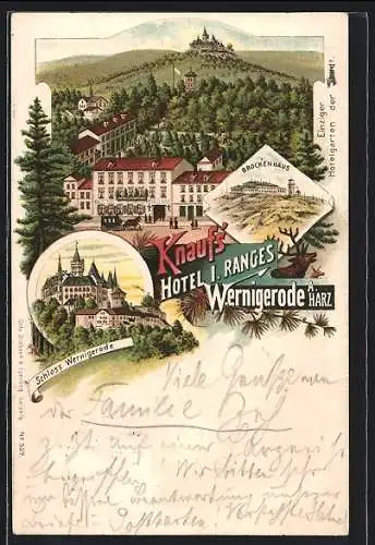 Lithographie Wernigerode a. Harz, Knaufs Hotel, Schloss, Brockenhaus