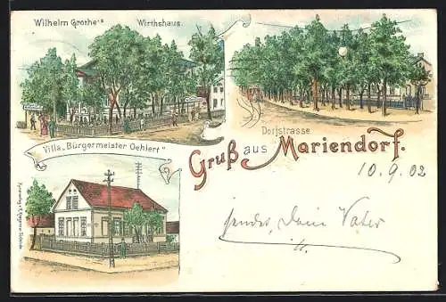Lithographie Mariendorf, Wilhelm Grothes Wirtshaus, Villa Bürgermeister Oehlert, Dorfstrasse mit Strassenbahn