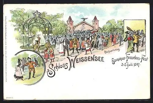 Lithographie Weissensee, Schloss, Sommer-Freuden-Fest 1897, Hochzeitszug