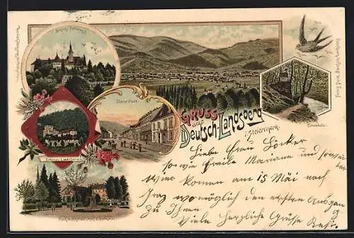Lithographie Deutsch-Landsberg, Oberer Platz, Schloss Hollenegg, Einsiedelei