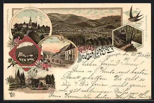 Lithographie Deutsch-Landsberg, Oberer Platz, Schloss Hollenegg, Einsiedelei