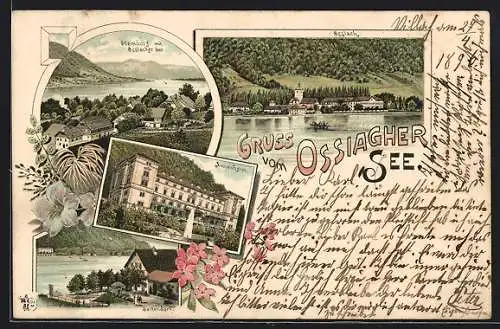 Lithographie Ossiach, Blick über den Ossiacher See, Saltendorf, Annenheim