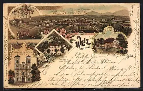 Lithographie Weiz, Gesamtansicht, Wegscheide bei Weiz, Wallfahrtskirche Breitegg