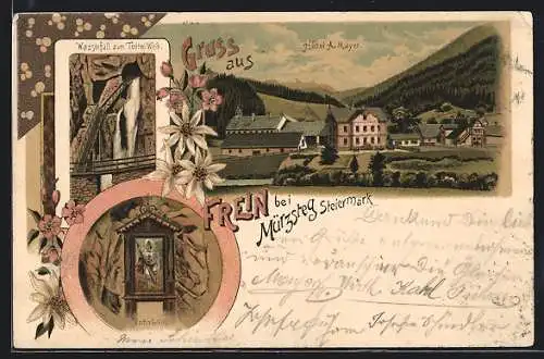 Lithographie Frein bei Mürzsteg, Hotel A. Mayer, Wasserfall zum Todten Weib, Votivbild