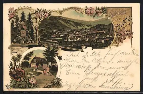 Lithographie Mürzzuschlag, Totalansicht, Scheffeldenkmal, Steinbauer