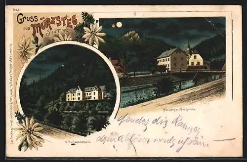 Lithographie Mürzsteg, Ortspartie mit Mürzbrücke, K. K. Jagdschloss