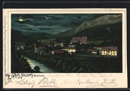 Lithographie Neuberg /Steiermark, Ortsansicht mit Badehaus bei Vollmond