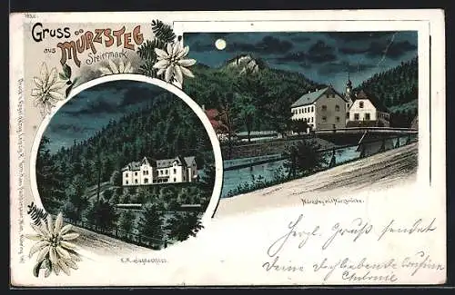 Lithographie Mürzsteg, Ortspartie mit Mürzbrücke, K. K. Jagdschloss