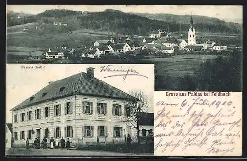 AK Paldau bei Feldbach, Mayers Gasthof, Ortsansicht mit Kirche