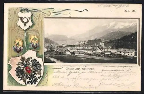 Passepartout-Lithographie Neuberg /Mürz, Ortspanorama verziert mit Blashorn und Wappen