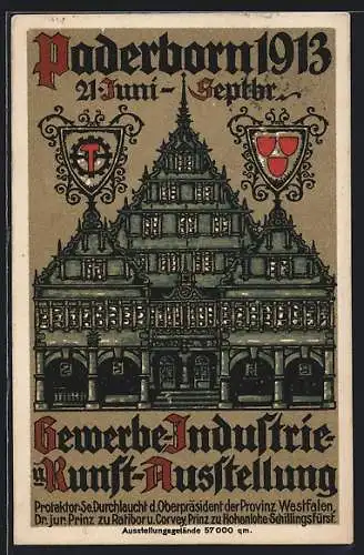 Künstler-AK Paderborn, Gewerbe-Industrie- u. Kunstaustellung 1913, Vorderansicht vom Ausstellungsgebäude