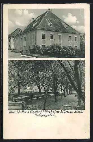 AK Mürzhofen /Mürztal, Max Müllers Gasthof mit Badegelegenheit