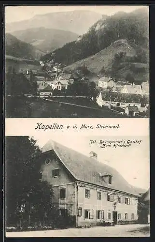 AK Kapellen a. d. Mürz, Gasthof zum Hirschen J. Baumgartner, Ortsansicht aus der Vogelschau