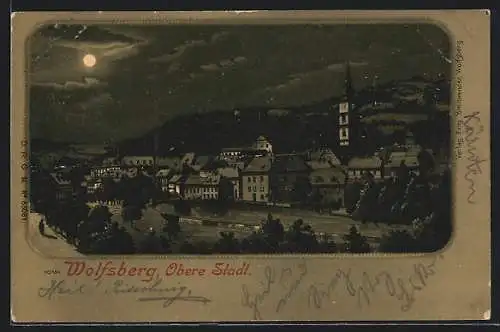 Mondschein-Lithographie Wolfsberg /Kärnten, Obere Stadt mit Kirche